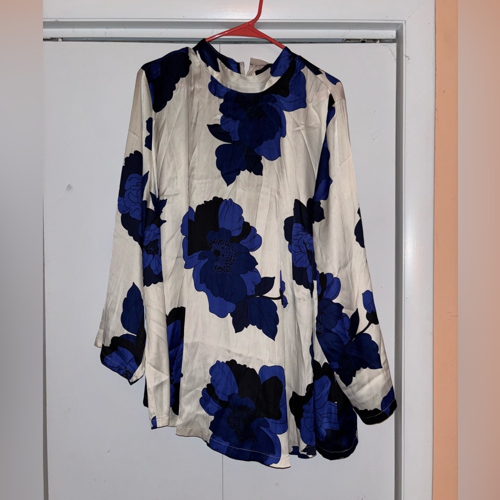 Satin blue floral plus size blouse